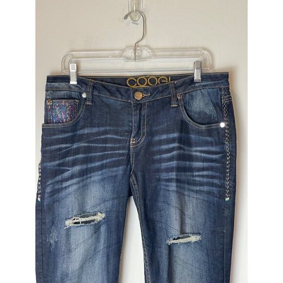 Coogi Blue Medium Wash Distressed Rhinestone Accent Straight Leg Jeans 11/12 - Picture 3 of 12